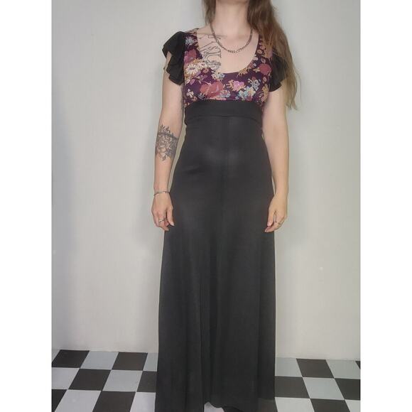 Vtg Handmade 50s 60s Black Floral Print Keyhole Back Empire Waist Smocked Dress - Picture 3 of 9